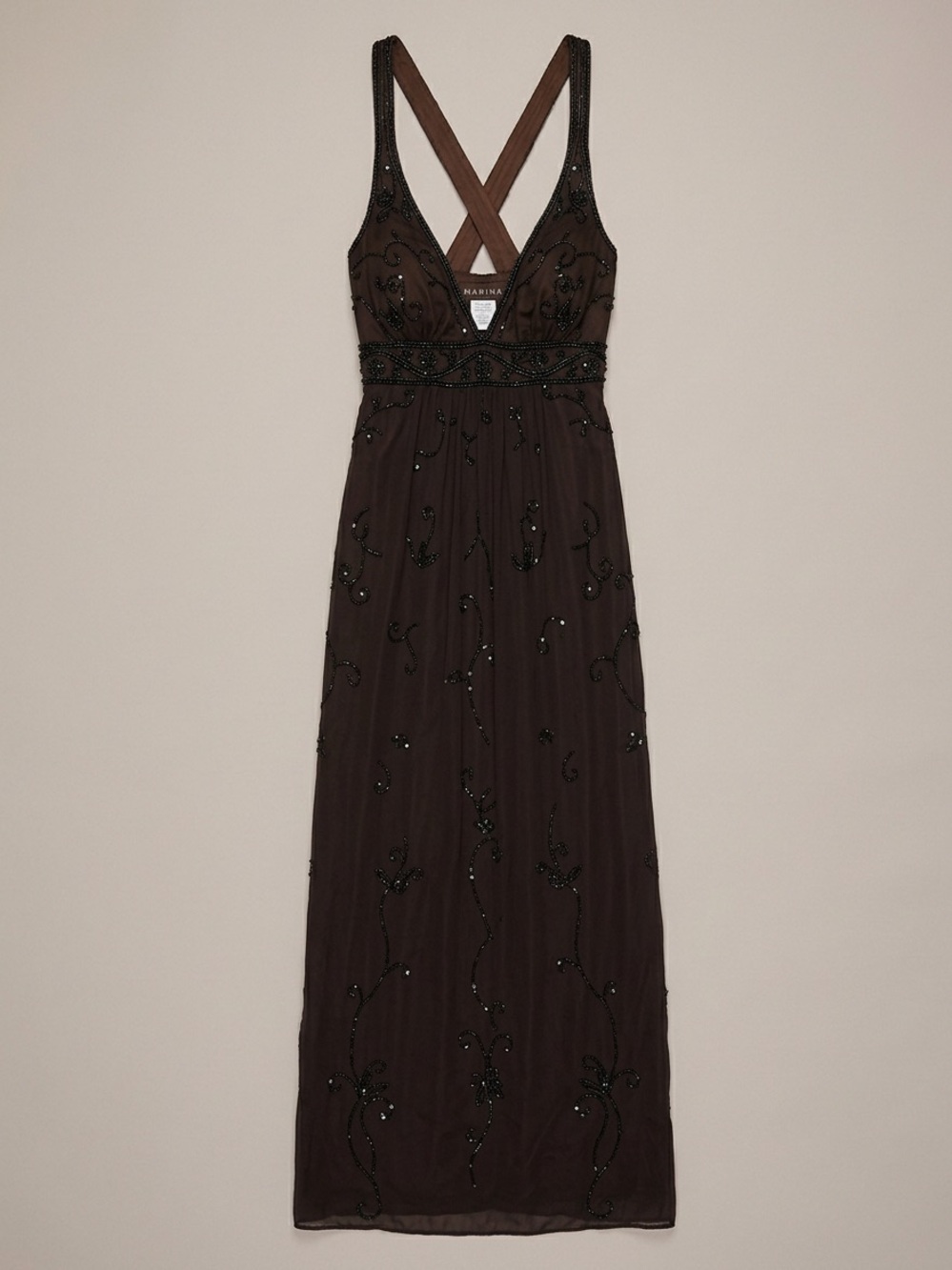 MARINA beaded racerback black mesh overlay maxi evening dress vintage y2k